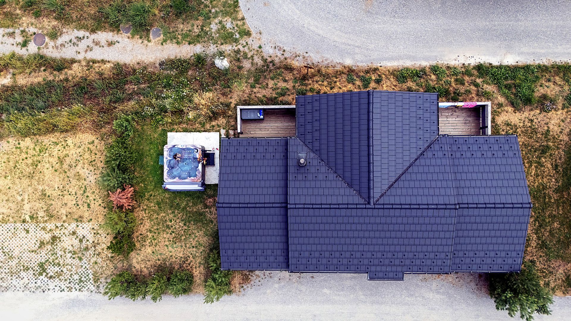 Chalet vu du ciel, architecture bois et ardoise